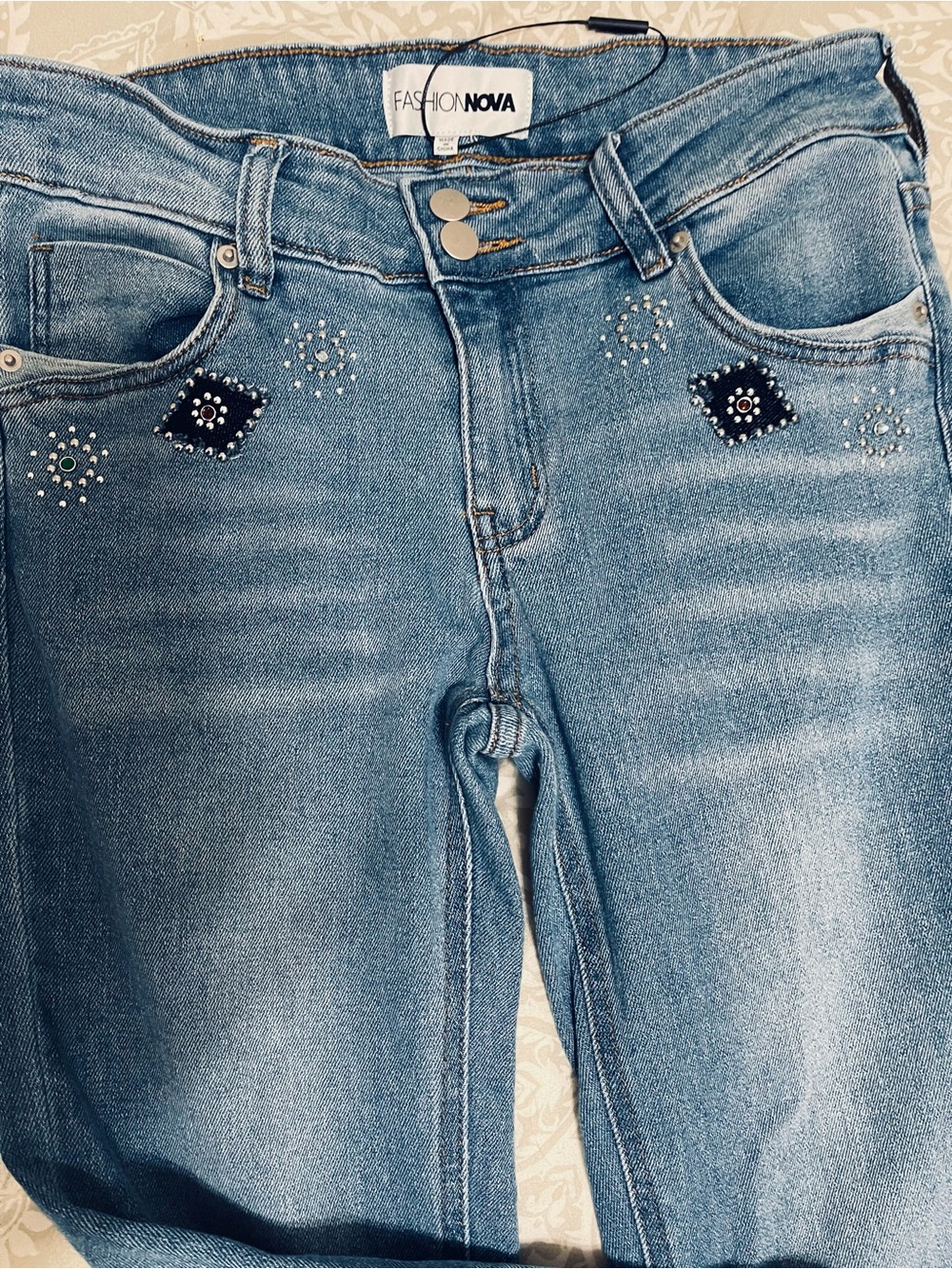 Fashion Nova Light Blue Skinny Jeans with Rhinestone Embellishments